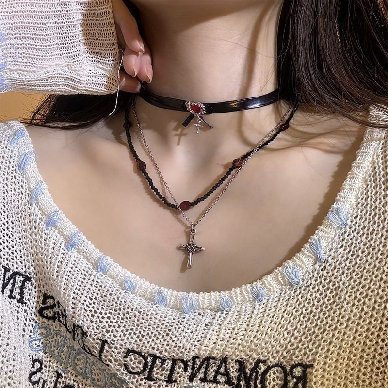 Rhinestone Faux Necklace / Choker Leather Cross