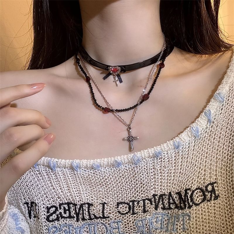 Rhinestone Faux Necklace / Choker Leather Cross