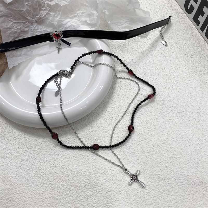 Rhinestone Faux Necklace / Choker Leather Cross