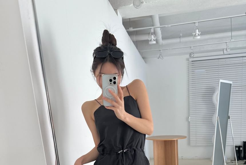 Spaghetti Strap Plain Backless Tie Up Jumpsuit