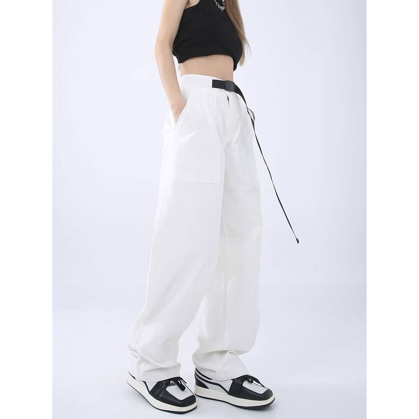 High Rise Buckle Accent Plain Straight-Fit Wide-Leg Cargo Pants