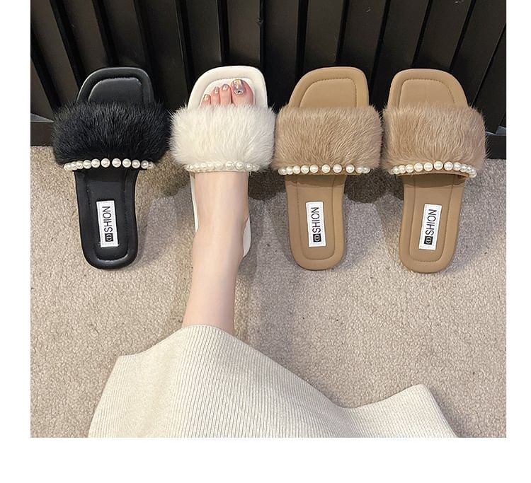 Fluffy Faux Pearl Slide Sandals