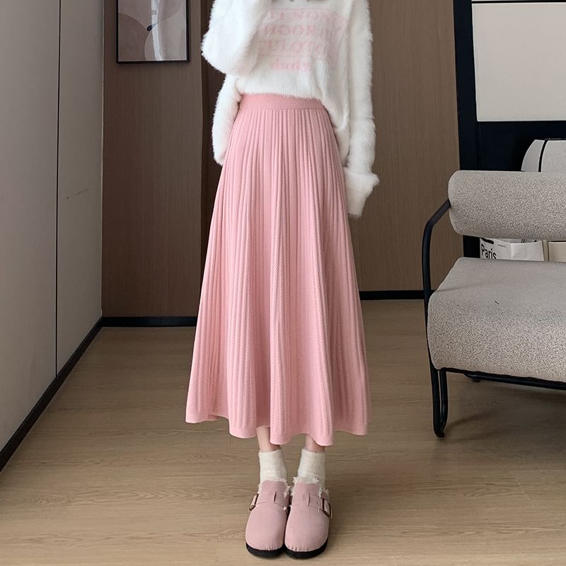 High Rise Plain Ribbed Knit Midi A-Line Skirt