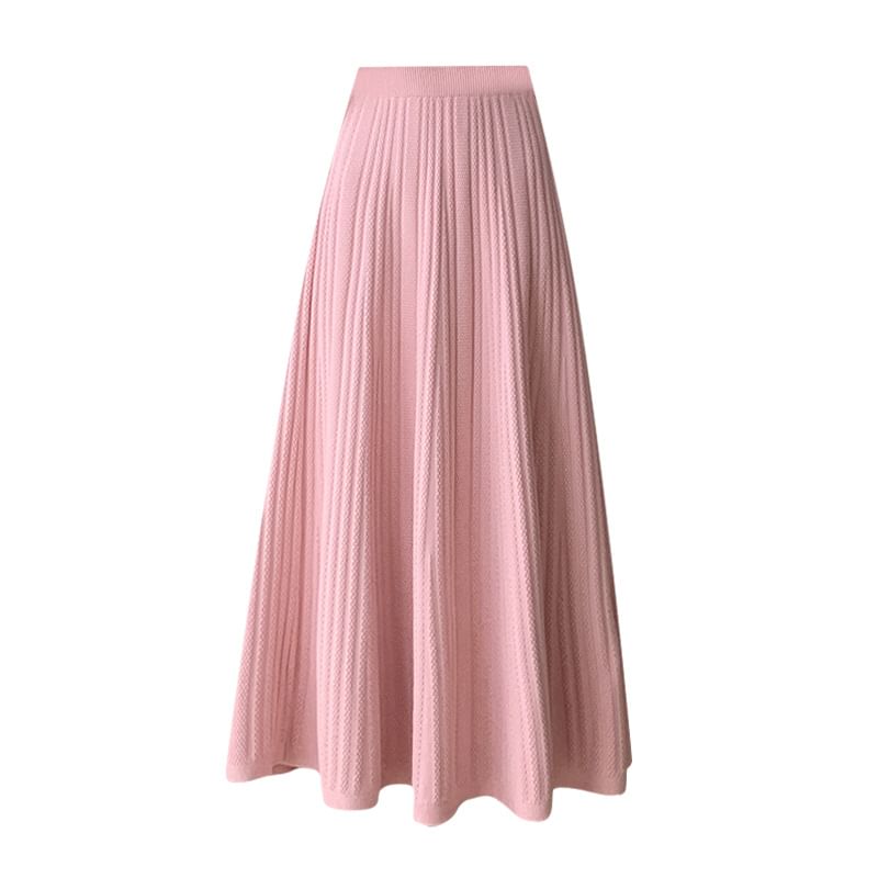 High Rise Plain Ribbed Knit Midi A-Line Skirt