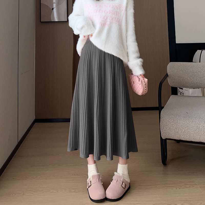 High Rise Plain Ribbed Knit Midi A-Line Skirt