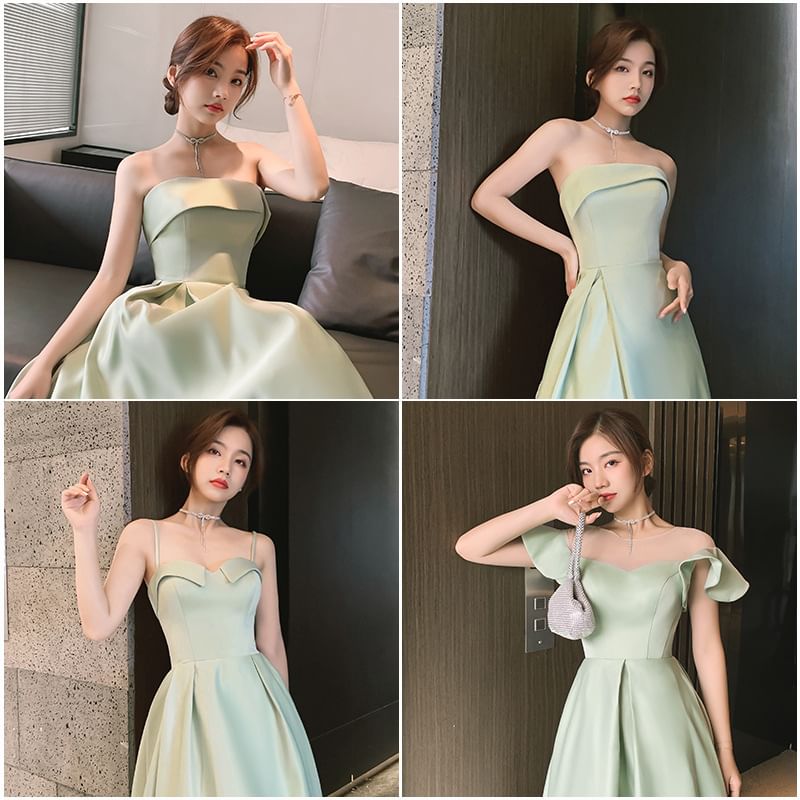 Spaghetti Strap Plain A-Line Evening Gown / Strapless Evening Gown / Short-Sleeve Mesh Panel A-Line Evening Gown