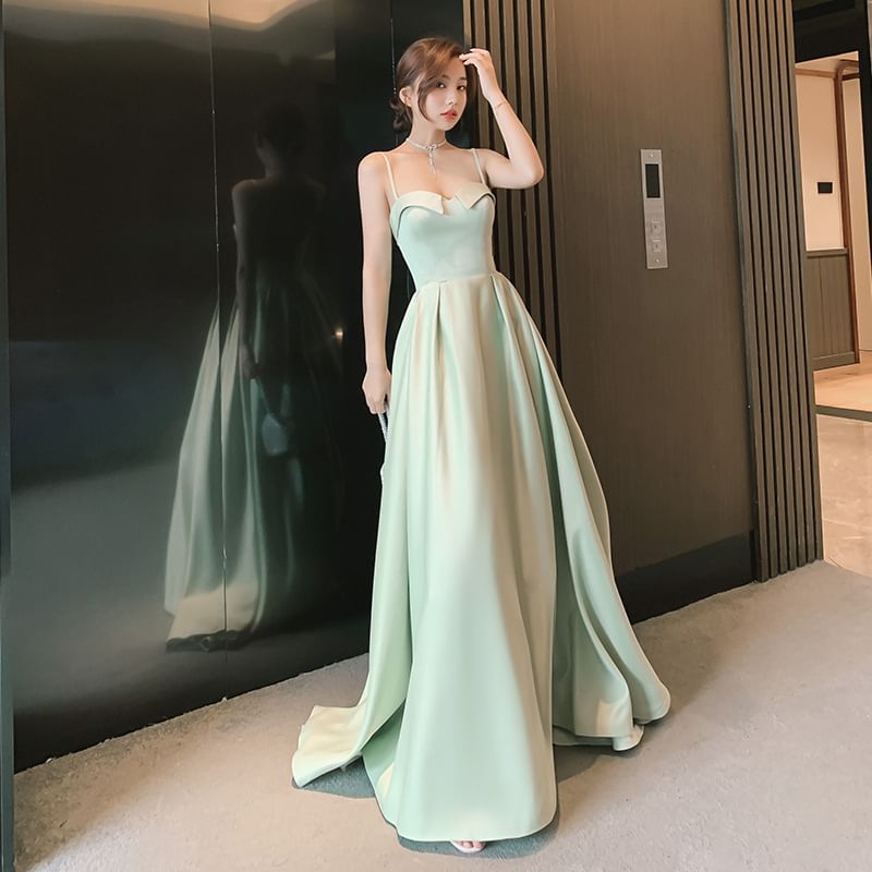 Spaghetti Strap Plain A-Line Evening Gown / Strapless Evening Gown / Short-Sleeve Mesh Panel A-Line Evening Gown