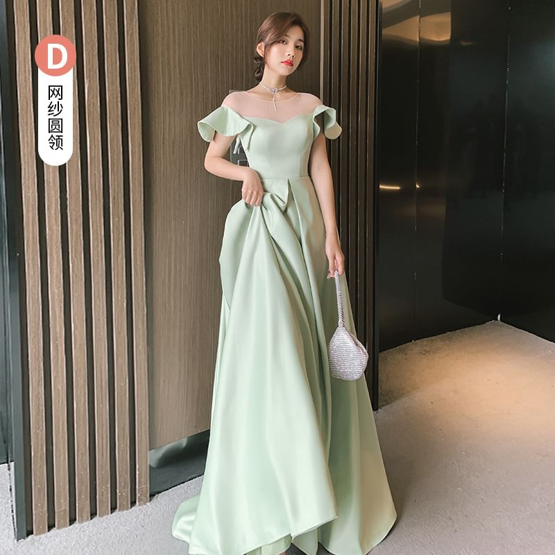 Spaghetti Strap Plain A-Line Evening Gown / Strapless Evening Gown / Short-Sleeve Mesh Panel A-Line Evening Gown