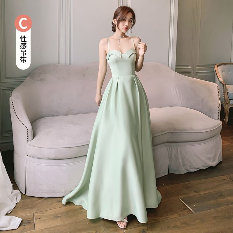 Spaghetti Strap Plain A-Line Evening Gown / Strapless Evening Gown / Short-Sleeve Mesh Panel A-Line Evening Gown