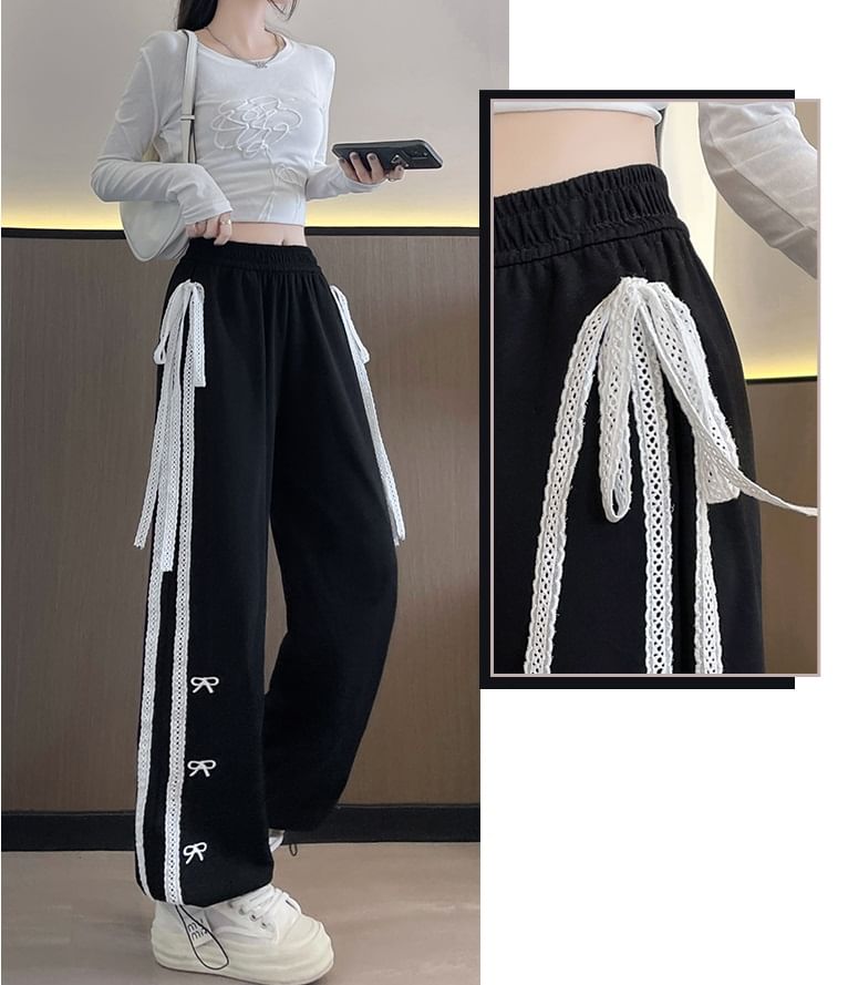 Bow Accent Lace Embroidered Mid Rise Sweatpants