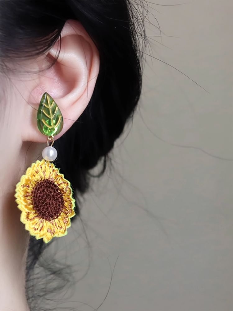 Crochet Clip-On Sunflower / Drop Earring