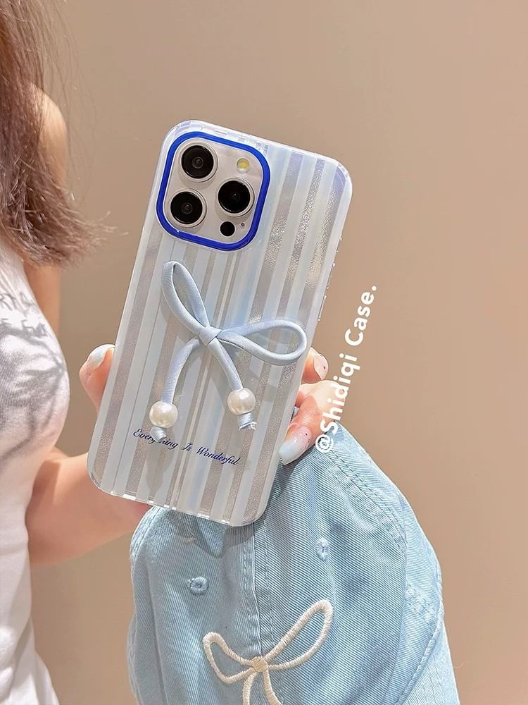 Pearl Set Phone Case Decoration Striped Bow Adhesive Faux /