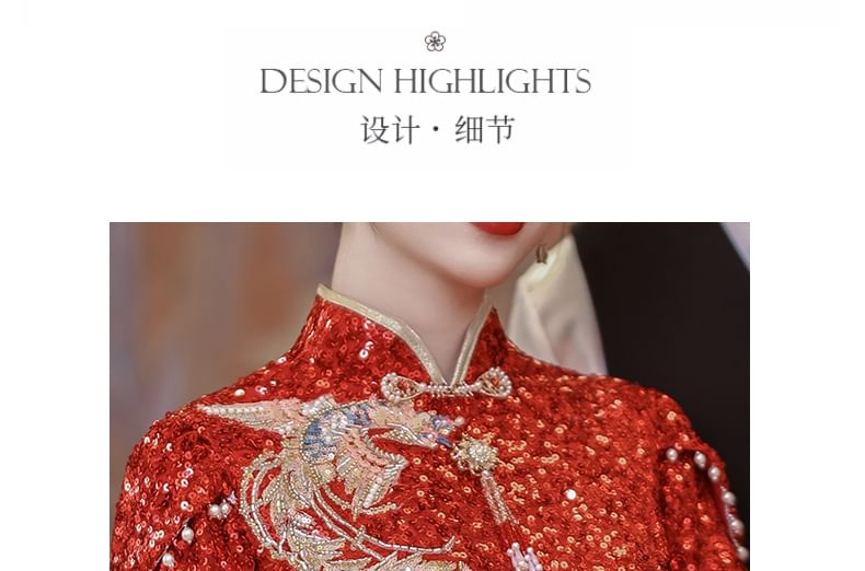 Short-Sleeve Sequin Midi Chinese Wedding Qipao Dress