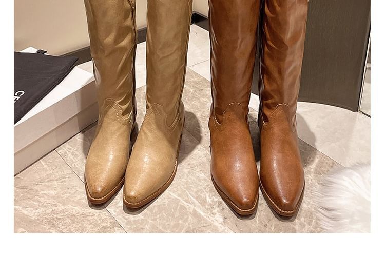 Heel Tall Chunky Leather Boots Faux