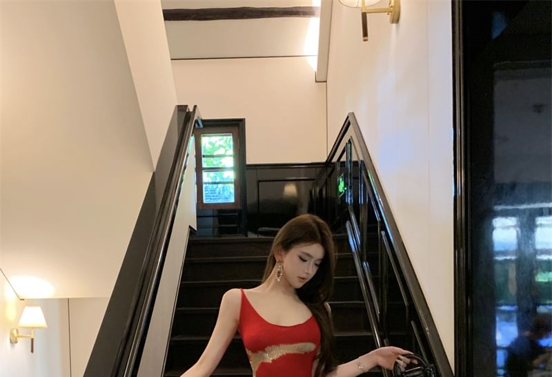 Neck Patterned Maxi Dress Bodycon Scoop Sleeveless Open Back