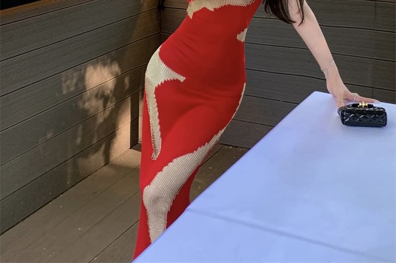 Neck Patterned Maxi Dress Bodycon Scoop Sleeveless Open Back