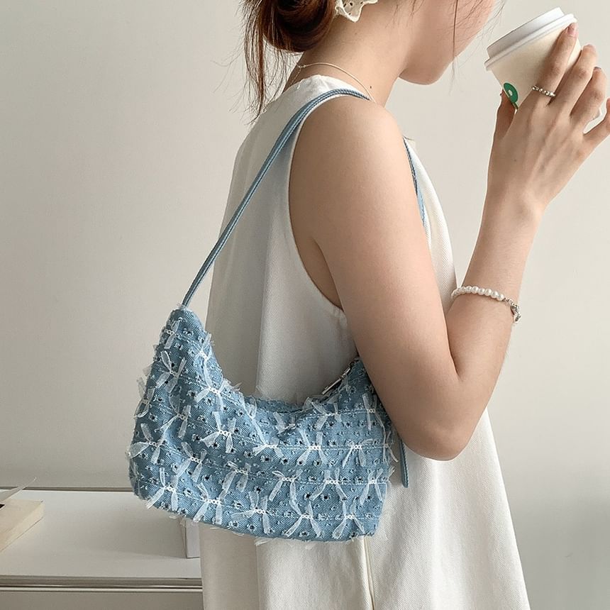 Denim Bag Washed Perforated Shoulder Bow