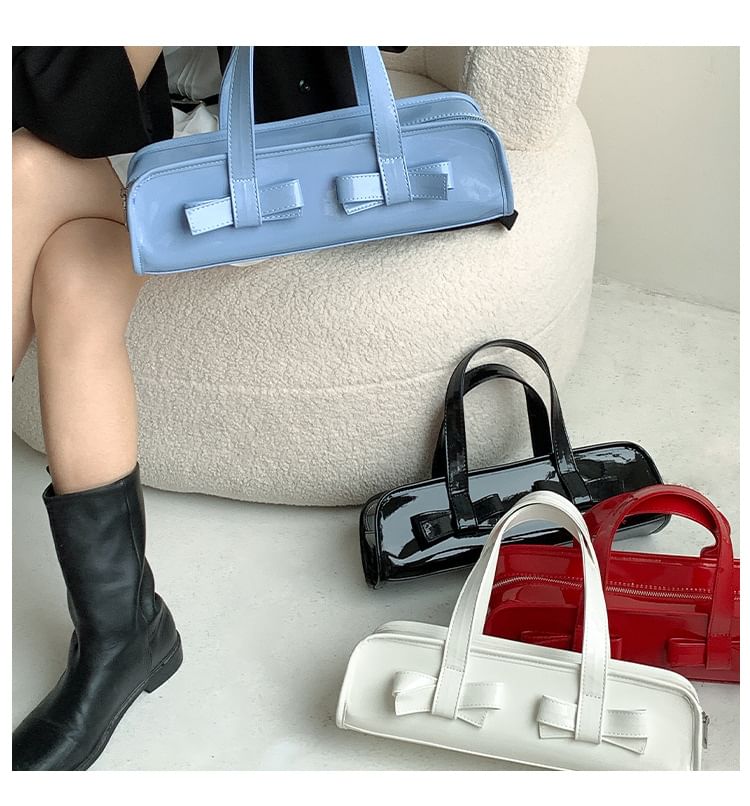 Patent Shoulder Bow Plain Bag Accent Leather
