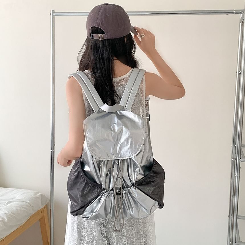 Nylon Flap Plain Backpack Drawstring