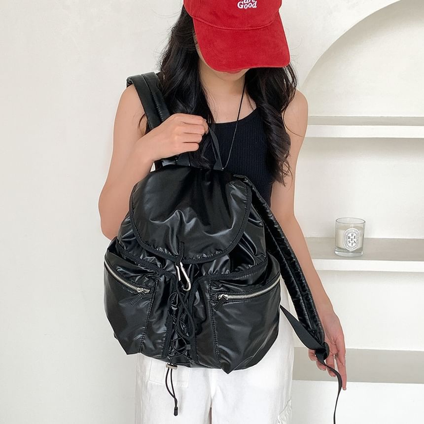 Drawstring Plain Backpack Flap