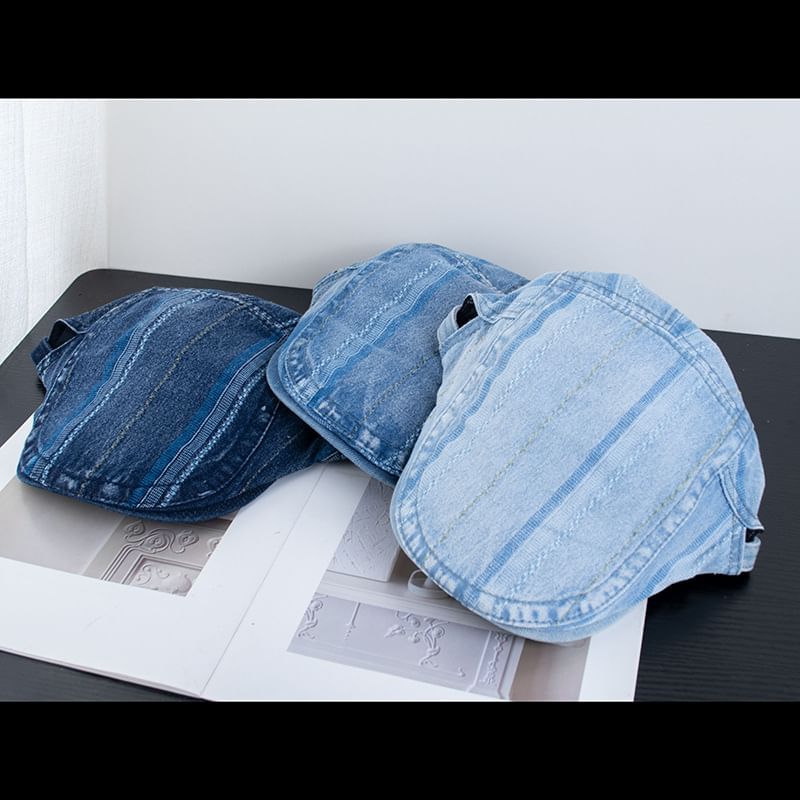 Washed Striped Denim Flat Cap