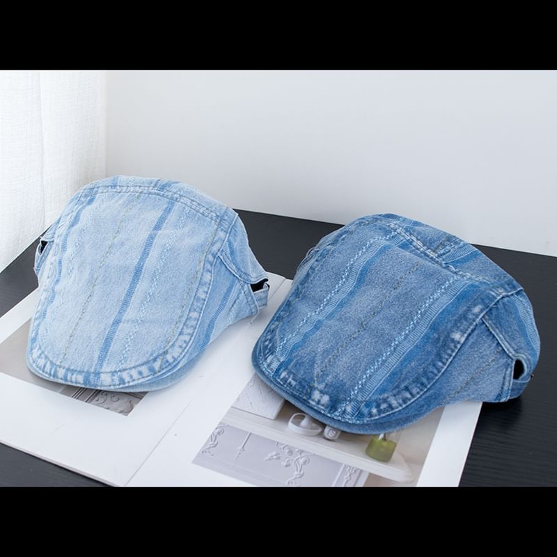 Washed Striped Denim Flat Cap