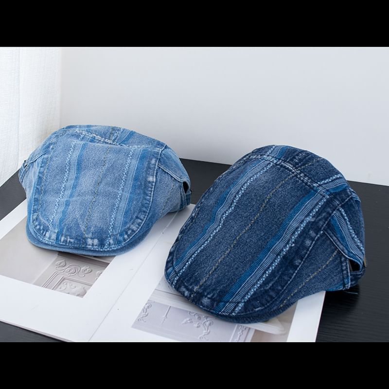 Washed Striped Denim Flat Cap