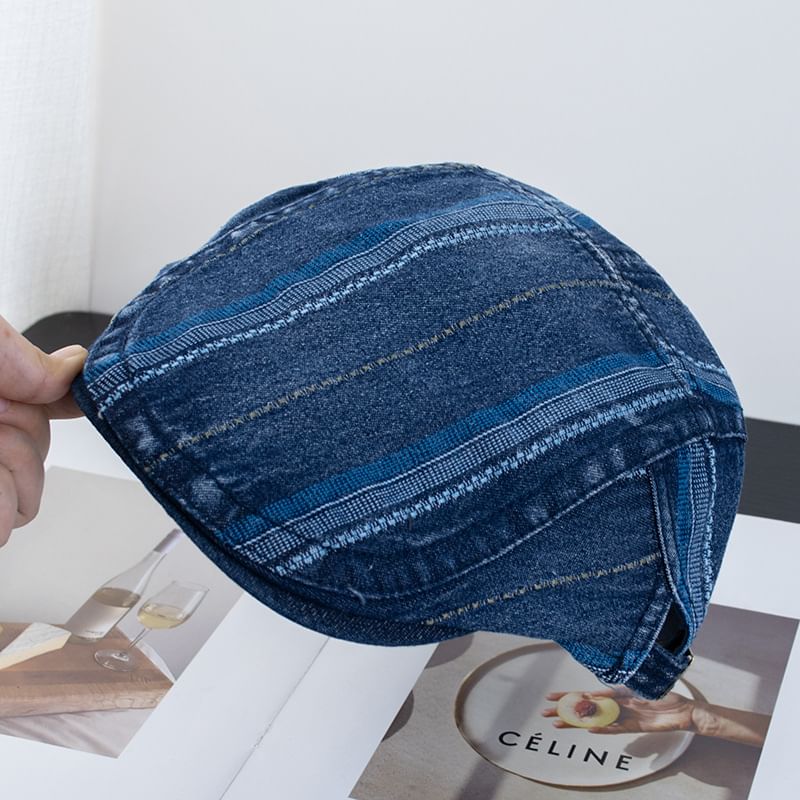 Washed Striped Denim Flat Cap