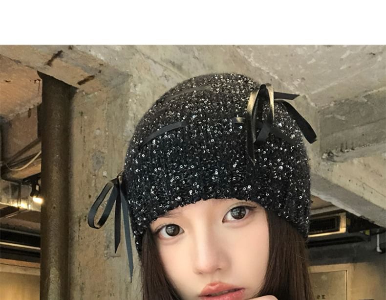 Bow Sequin Beanie