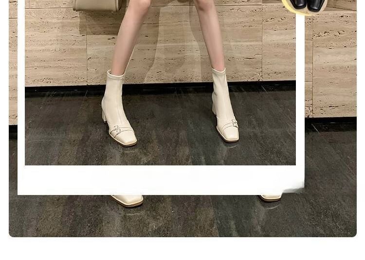 Chunky Short Heel Buckled Square-Toe Boots