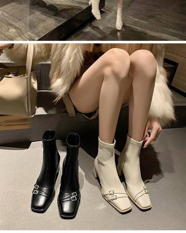 Chunky Short Heel Buckled Square-Toe Boots