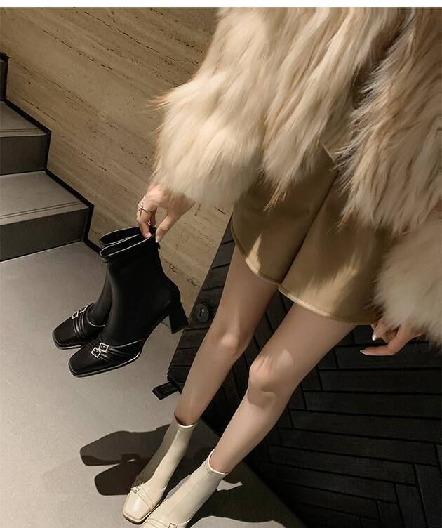 Chunky Short Heel Buckled Square-Toe Boots