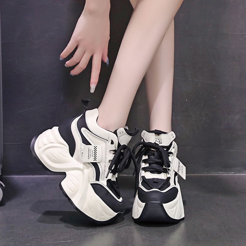 Applique Leather Hidden Sneakers Faux Lace-Up Wedge