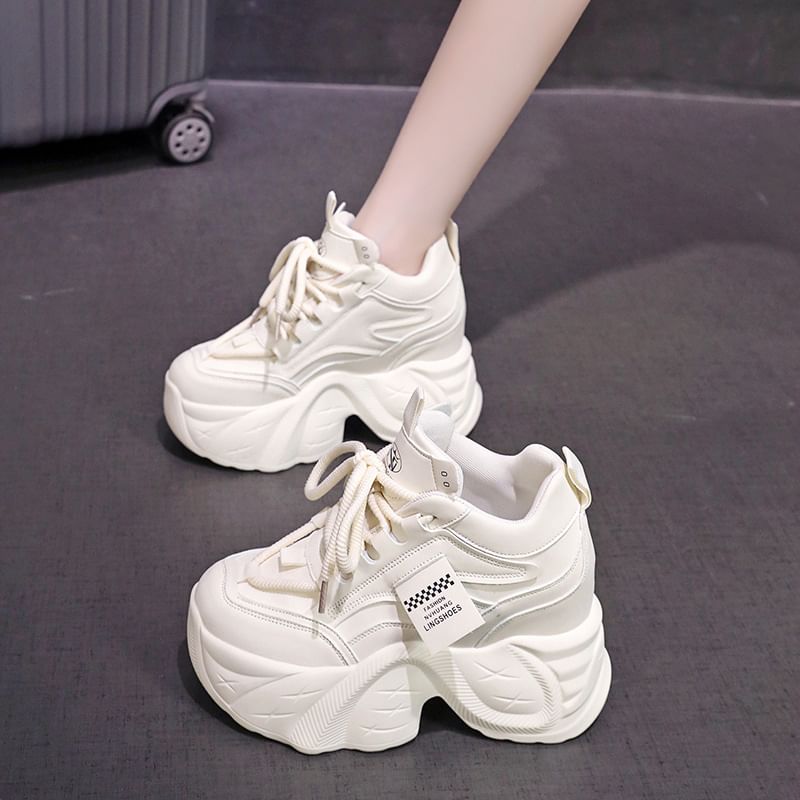 Applique Leather Hidden Sneakers Faux Lace-Up Wedge