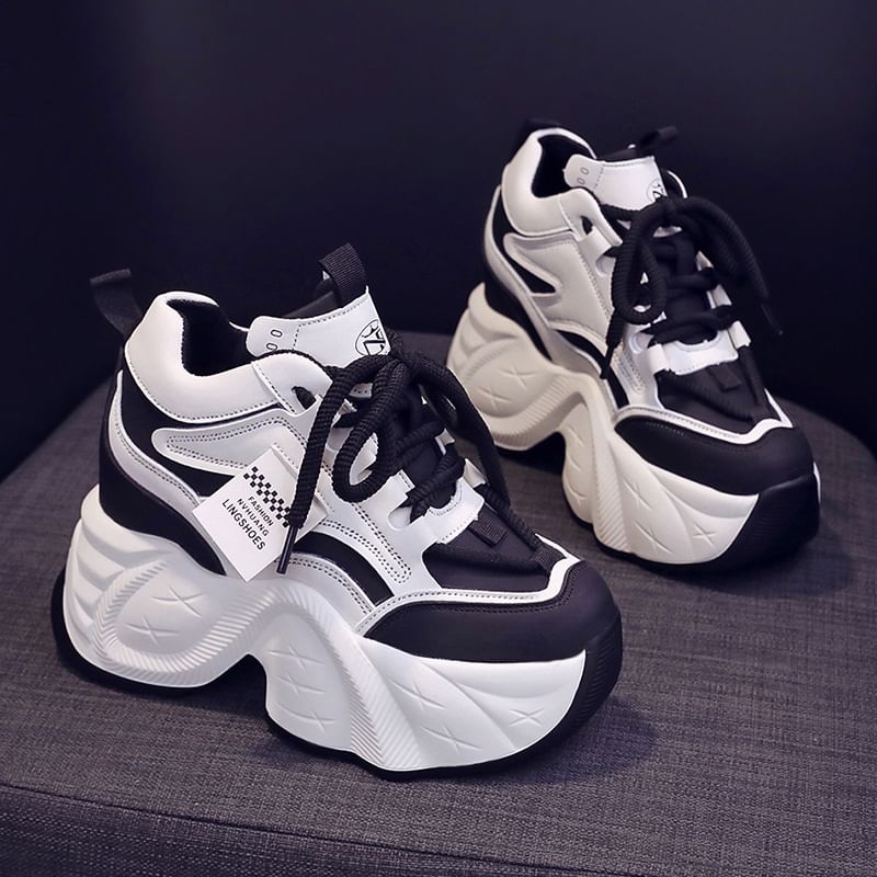 Applique Leather Hidden Sneakers Faux Lace-Up Wedge