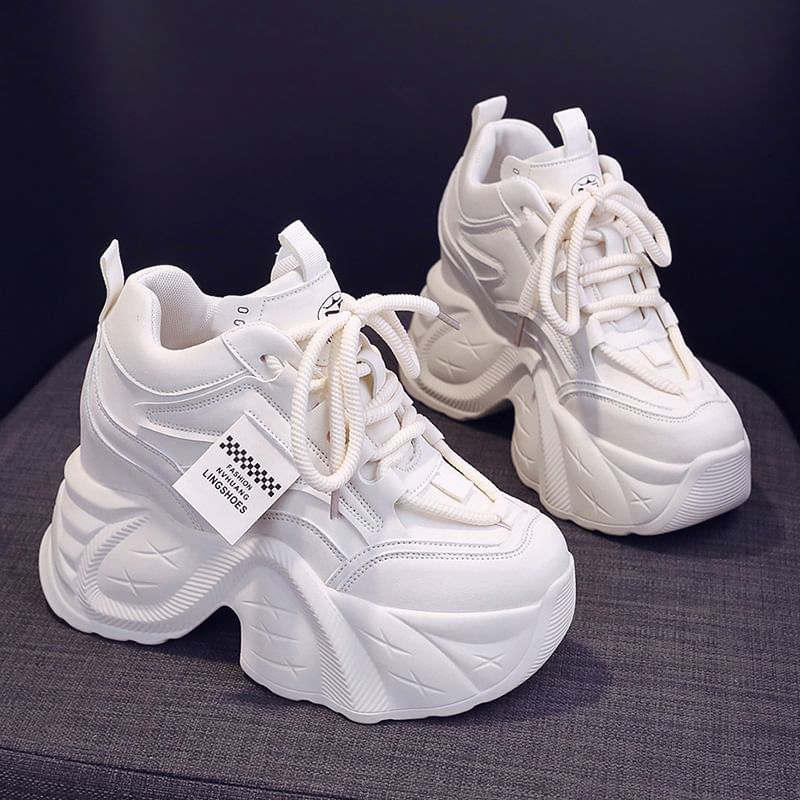 Applique Leather Hidden Sneakers Faux Lace-Up Wedge