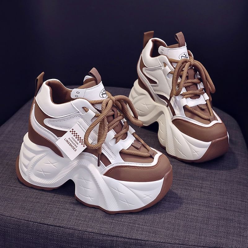 Applique Leather Hidden Sneakers Faux Lace-Up Wedge