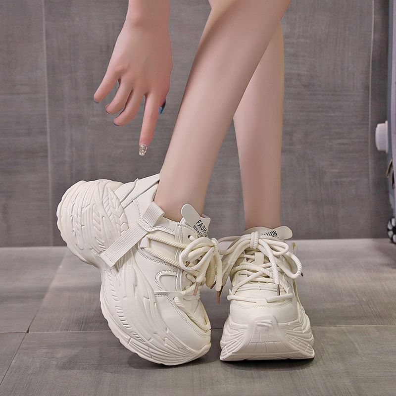 Lace-Up Leather Sneakers Platform Plain Faux