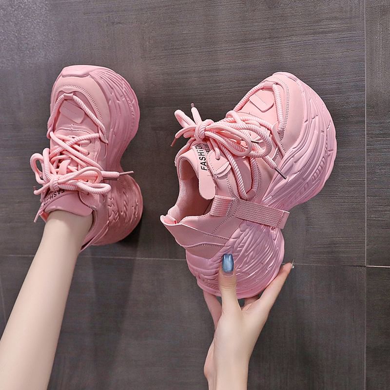 Lace-Up Leather Sneakers Platform Plain Faux