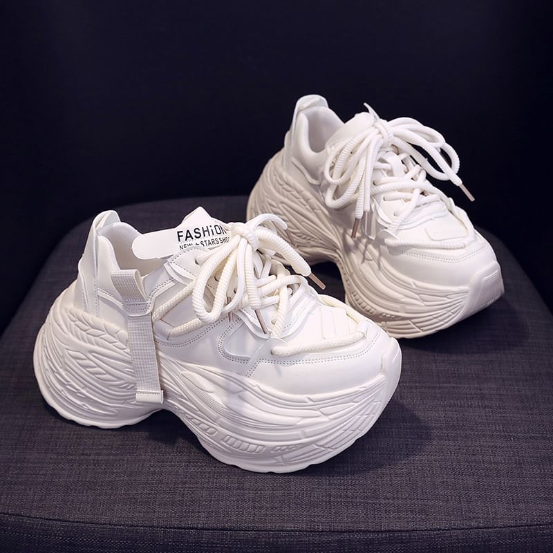 Lace-Up Leather Sneakers Platform Plain Faux