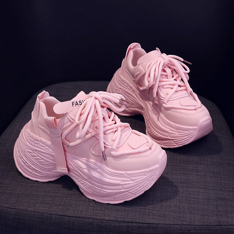 Lace-Up Leather Sneakers Platform Plain Faux