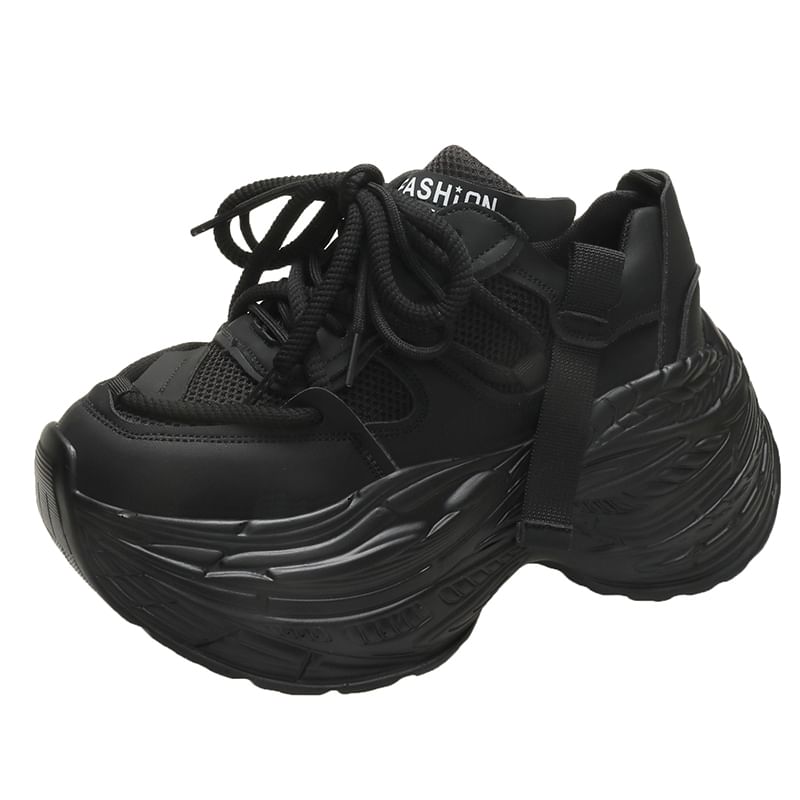 Mesh Faux Lace-Up Plain Sneakers Platform Panel Leather