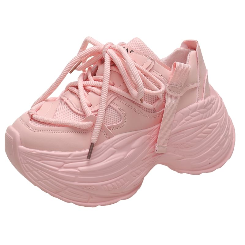 Mesh Faux Lace-Up Plain Sneakers Platform Panel Leather