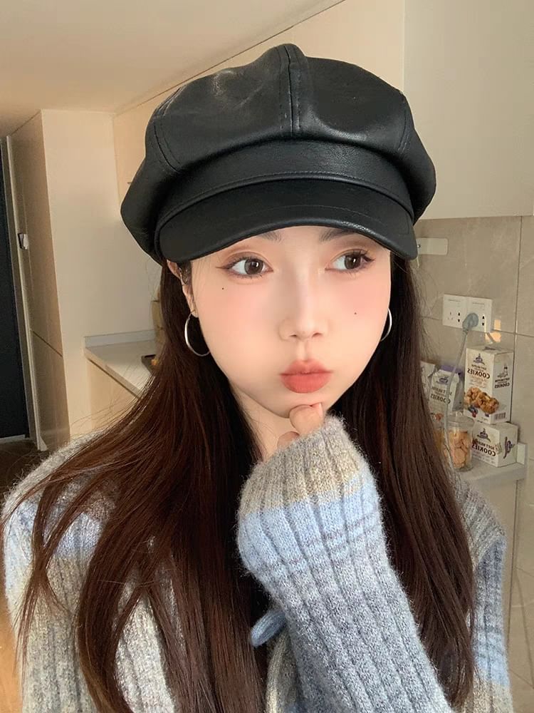 Leather Newsboy Cap Faux Plain