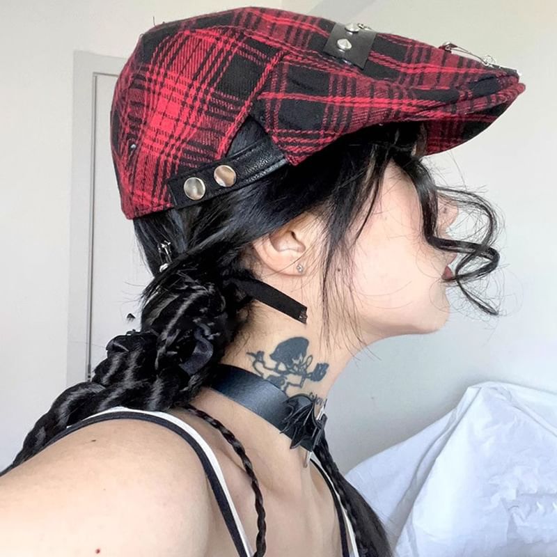Plaid Pin Accent Cap Newsboy