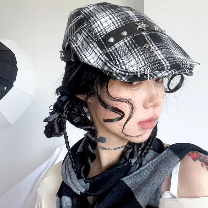 Plaid Pin Accent Cap Newsboy