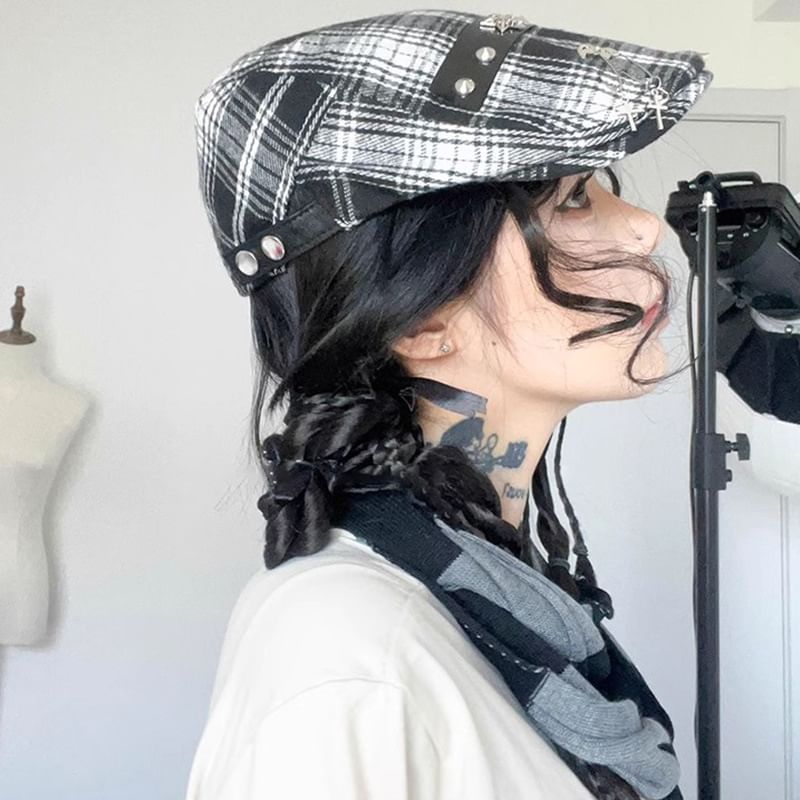 Plaid Pin Accent Cap Newsboy