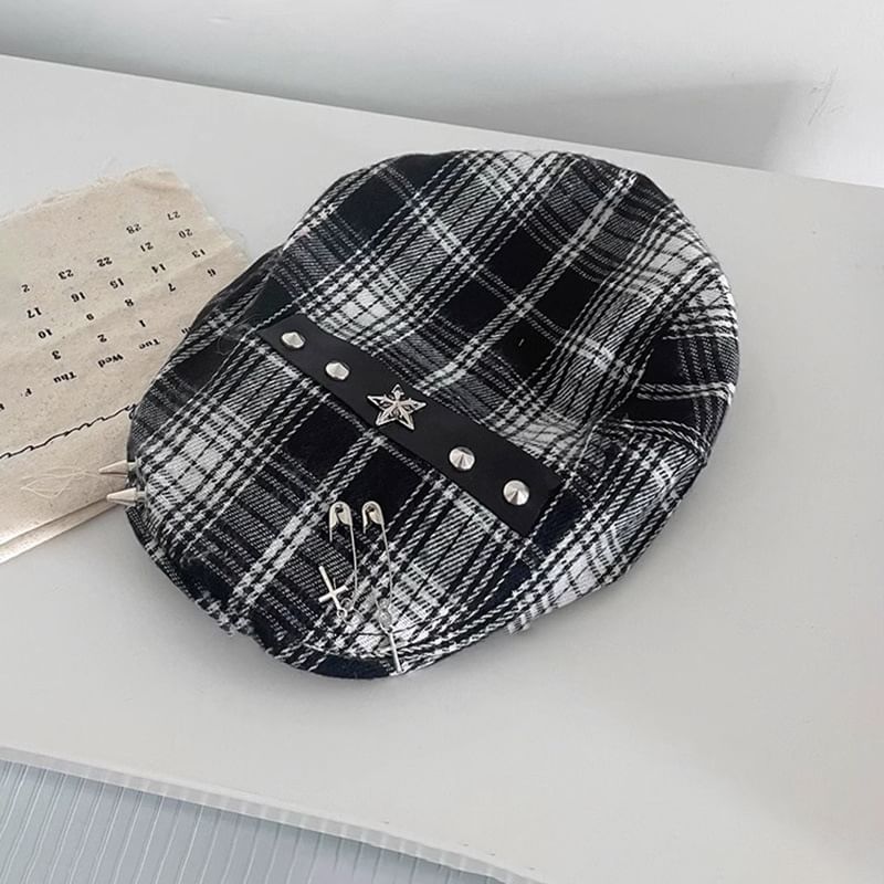 Plaid Pin Accent Cap Newsboy