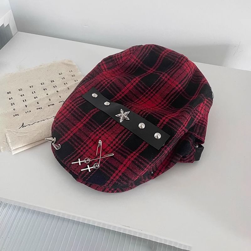 Plaid Pin Accent Cap Newsboy