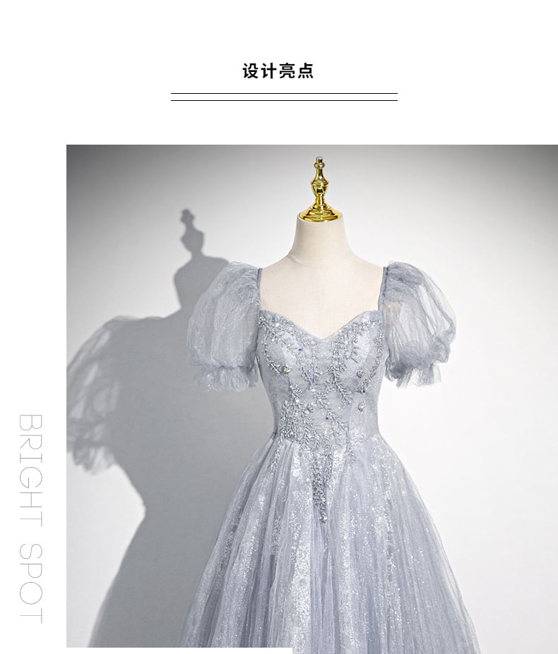 Puff-Sleeve Sweetheart-Neckline Rhinestone A-Line Evening Gown